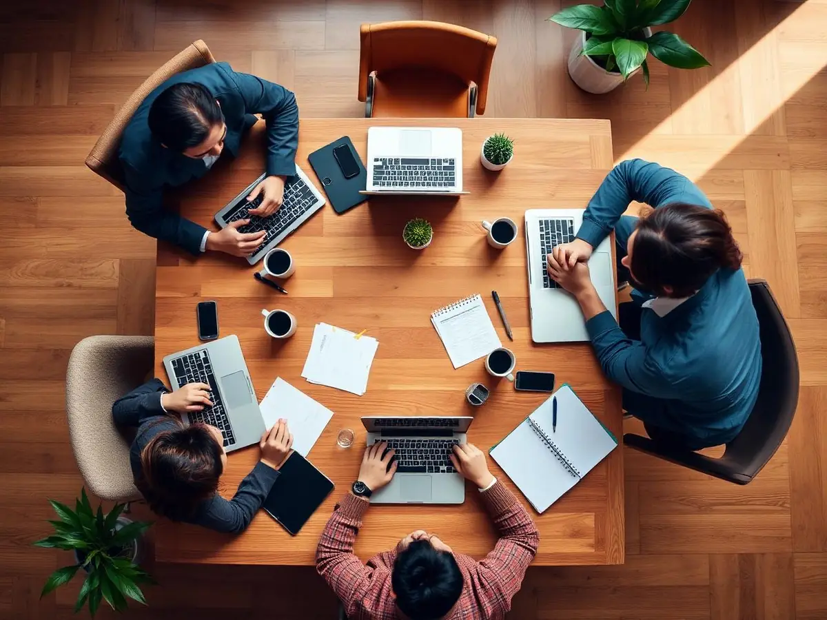 Equipo de trabajo colaborando en una mesa